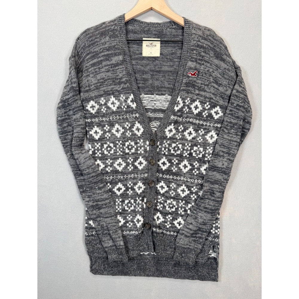 Hollister Womens Gray White Fair Isle Cozy Button Front Cardigan Sweater Small